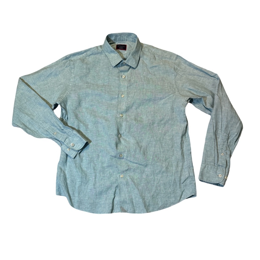 UNTUCKit mens L Large blue solid regular fit 100% linen wrinkle free shirt EUC - Picture 2 of 5